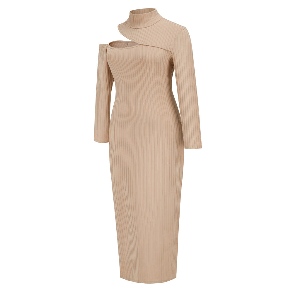 Women's Half Turtleneck Hem Slit Dress Turtleneck Pit Strip Long Dress