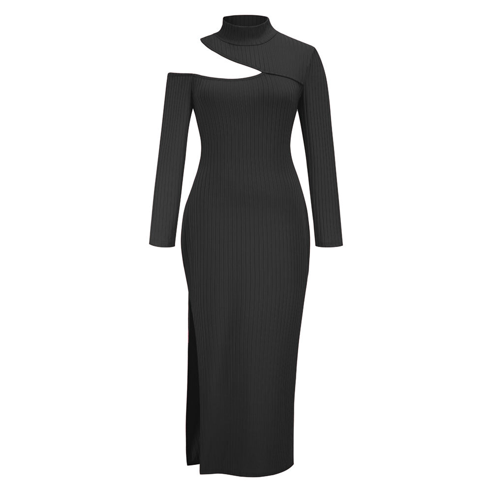 Women's Half Turtleneck Hem Slit Dress Turtleneck Pit Strip Long Dress