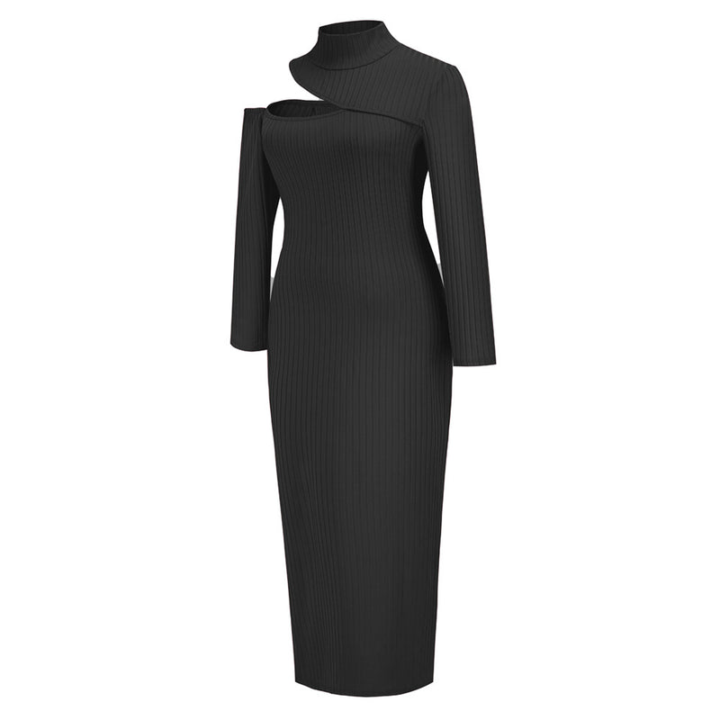 Women's Half Turtleneck Hem Slit Dress Turtleneck Pit Strip Long Dress