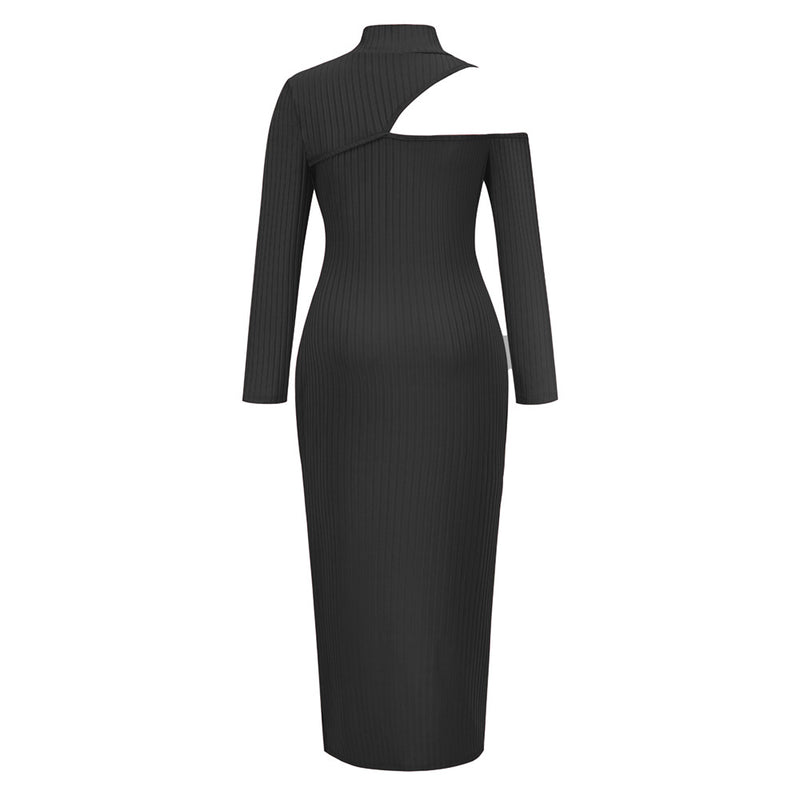 Women's Half Turtleneck Hem Slit Dress Turtleneck Pit Strip Long Dress