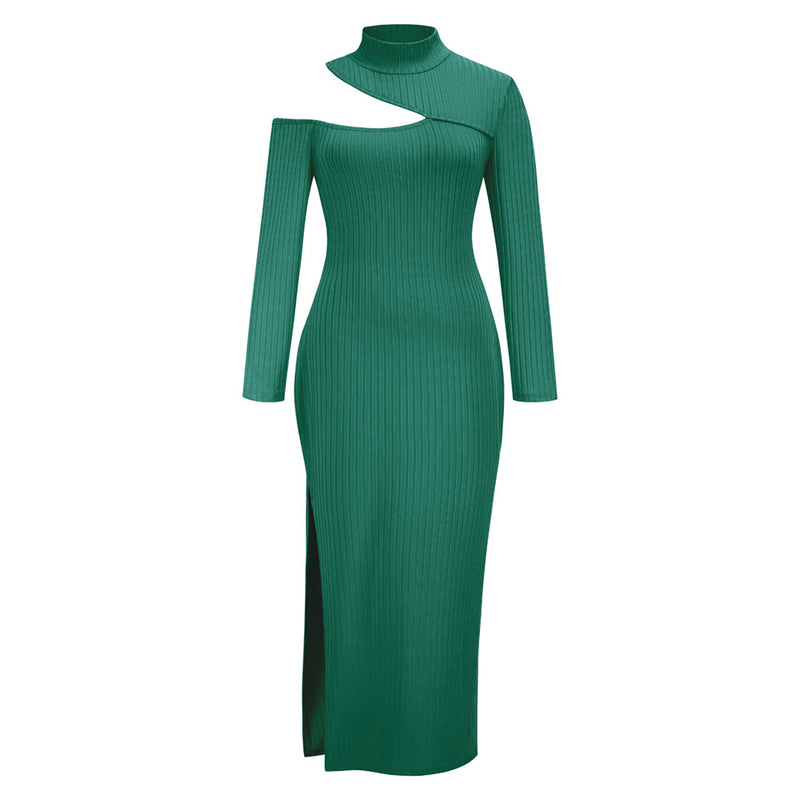 Women's Half Turtleneck Hem Slit Dress Turtleneck Pit Strip Long Dress