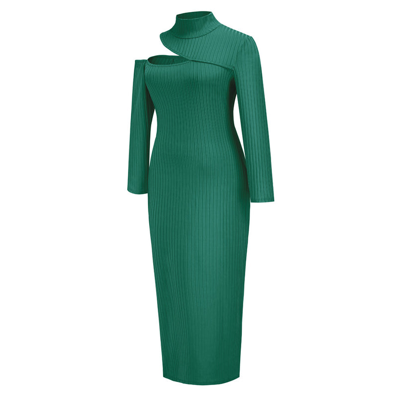 Women's Half Turtleneck Hem Slit Dress Turtleneck Pit Strip Long Dress