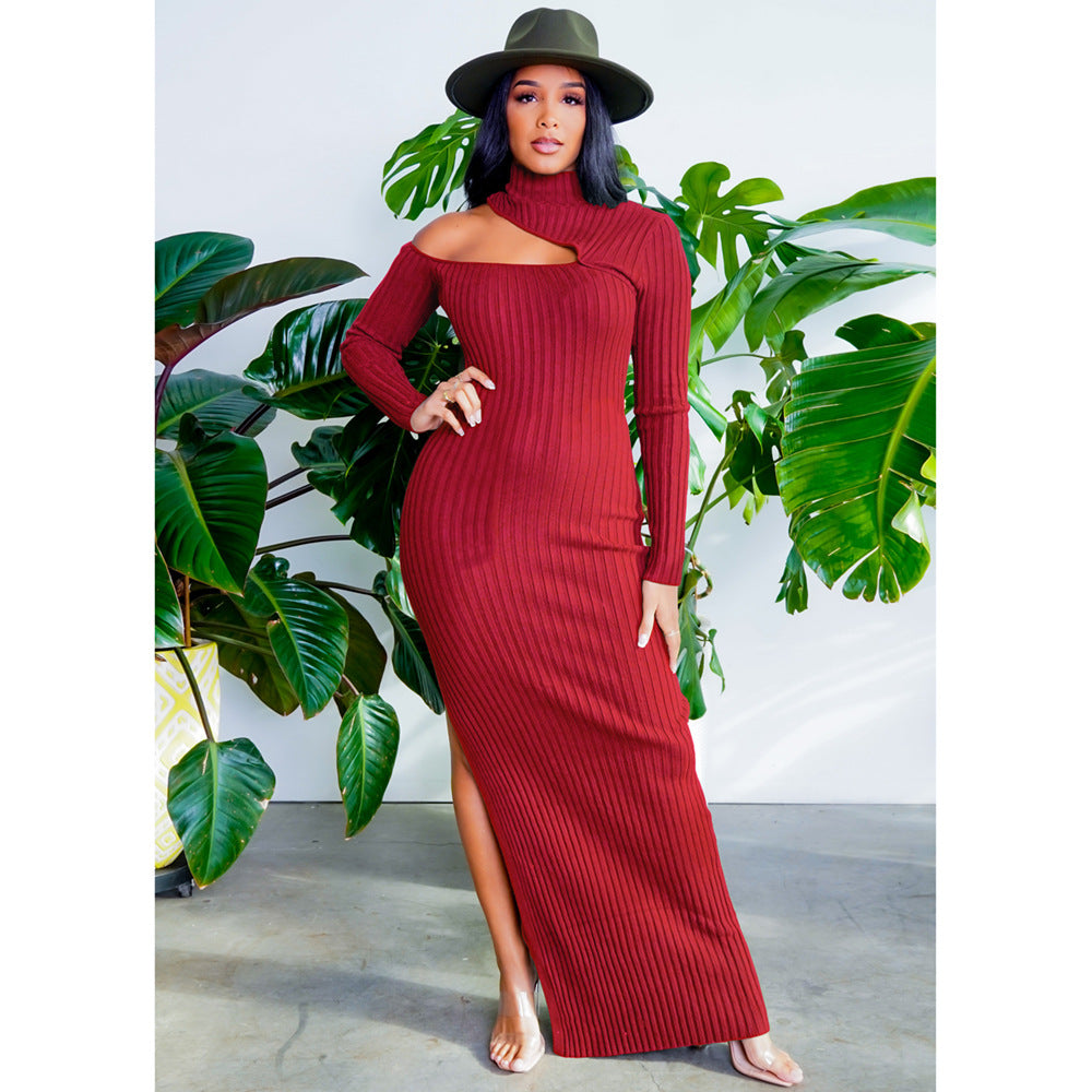 Women's Half Turtleneck Hem Slit Dress Turtleneck Pit Strip Long Dress