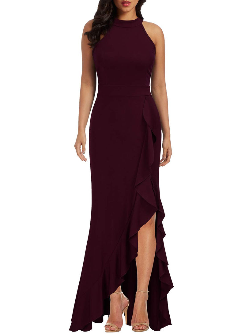 Women's High Neck Split Ruffled Bodycon Mermaid Evening Cocktail Long Dress