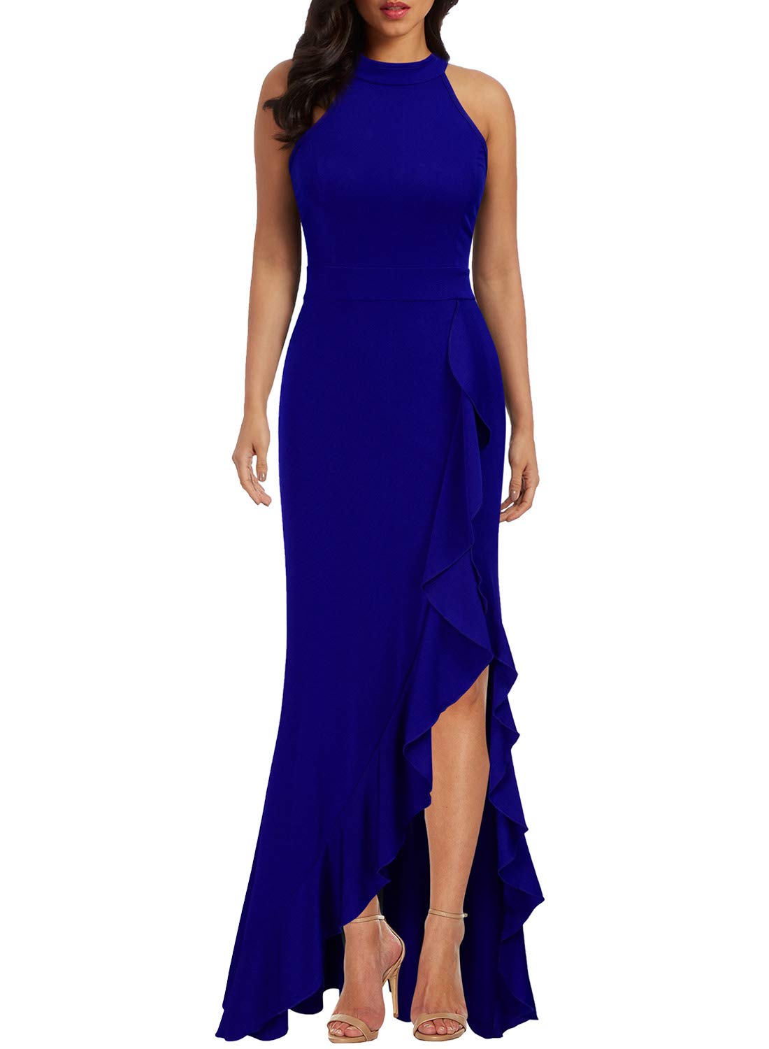 Women's High Neck Split Ruffled Bodycon Mermaid Evening Cocktail Long Dress