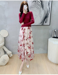 Women's Knitted Stitching Mesh Dress Autumn New Slim Embroidery Dress