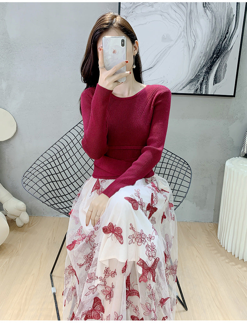 Women's Knitted Stitching Mesh Dress Autumn New Slim Embroidery Dress