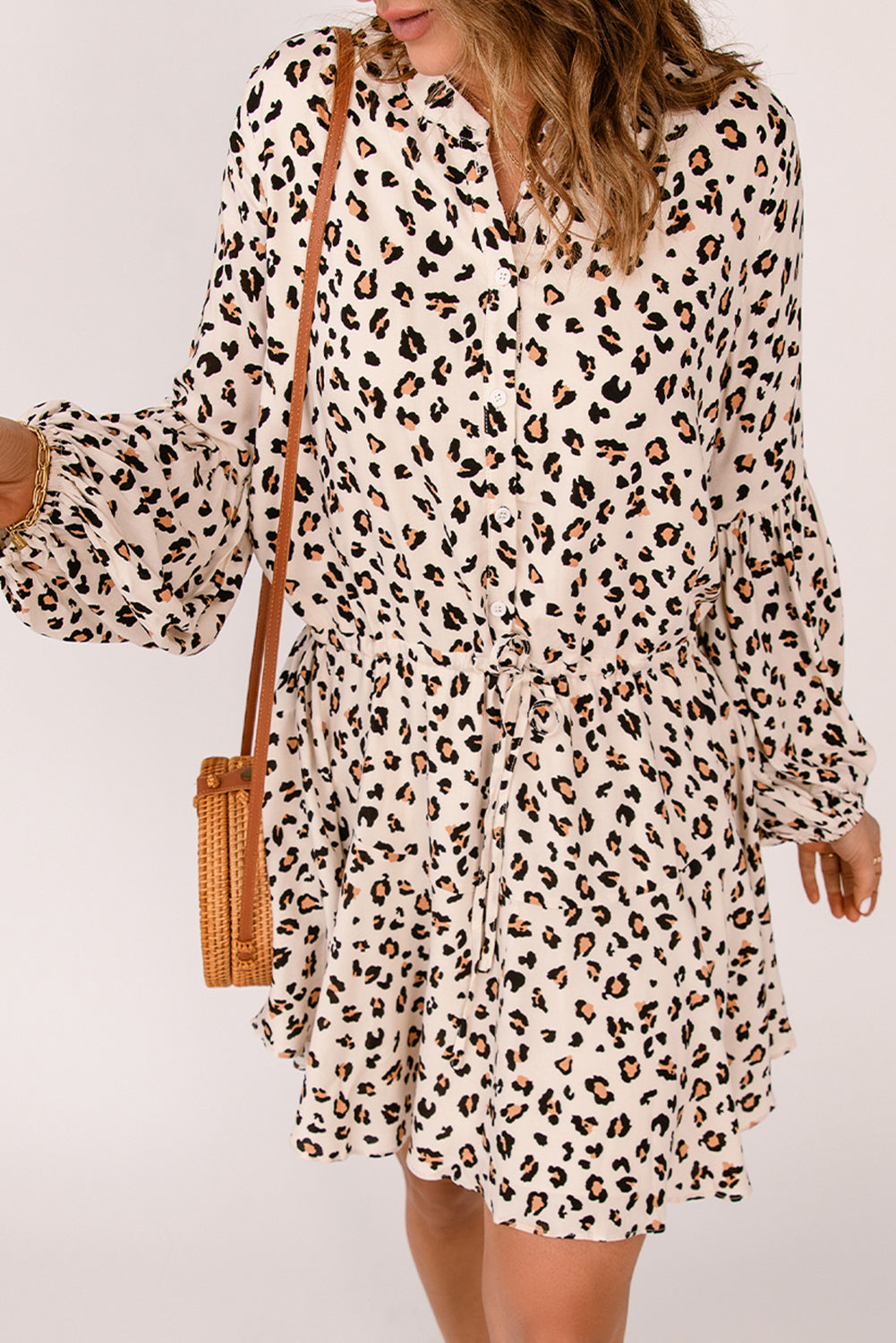 Women's Leopard Print Shirt Mini Dress Adjustable Waistline