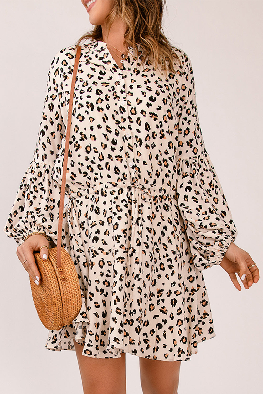 Women's Leopard Print Shirt Mini Dress Adjustable Waistline