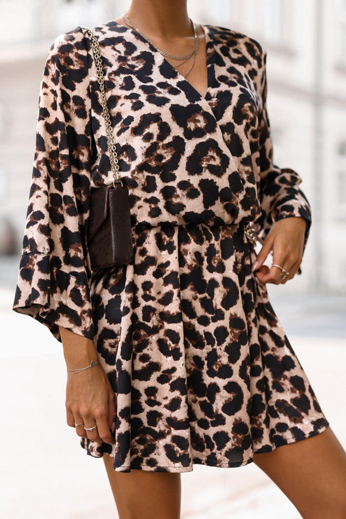 Women's Leopard Print Wrapped V Neck Wide Long Sleeves Shirt Dress