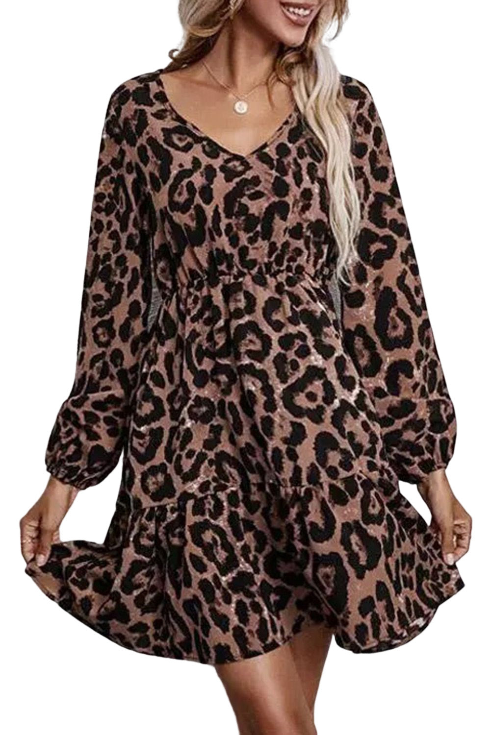 Women's Leopard Ruffled Elastic Cuff V Neck High Waist Mini Dress