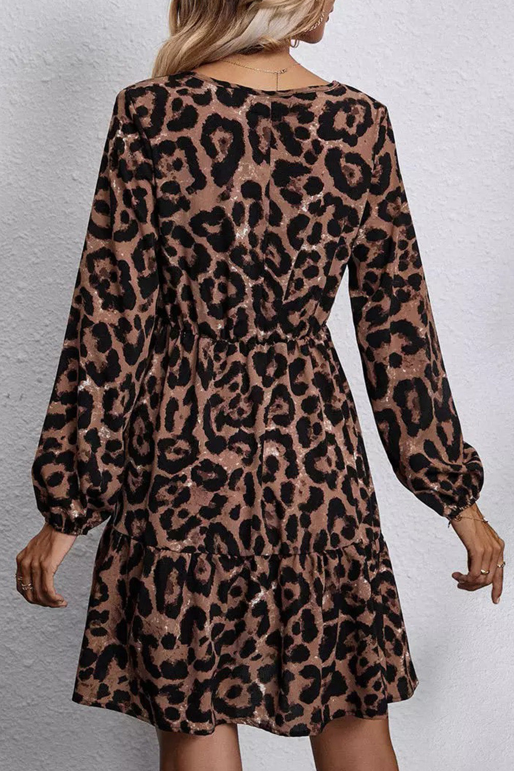 Women's Leopard Ruffled Elastic Cuff V Neck High Waist Mini Dress