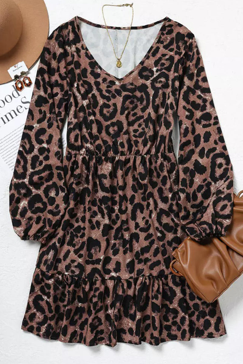 Women's Leopard Ruffled Elastic Cuff V Neck High Waist Mini Dress