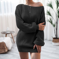 Women's Long-Sleeved One-Neck Casual Loose Knitted Sweater Dress