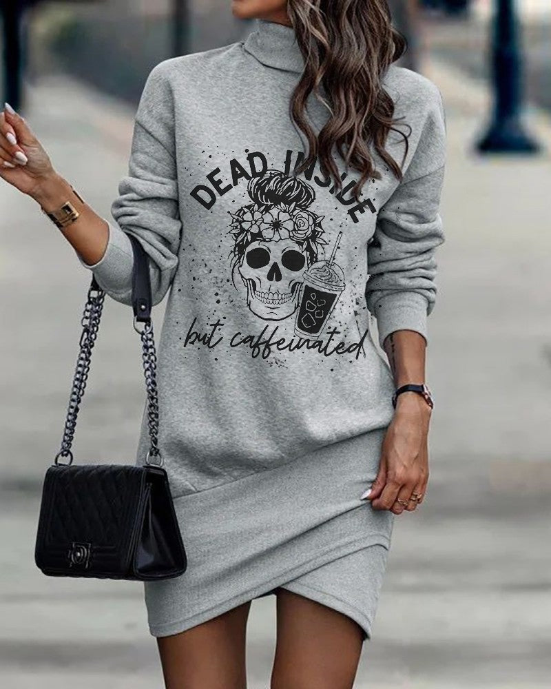 Women's Long-Sleeved Turtleneck Printed Irregular Mini Dress