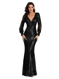 Women's Long-Sleeved V-Neck Sequined Mermaid Evening Dress Prom Gown