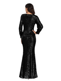 Women's Long-Sleeved V-Neck Sequined Mermaid Evening Dress Prom Gown