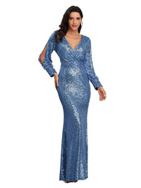 Women's Long-Sleeved V-Neck Sequined Mermaid Evening Dress Prom Gown