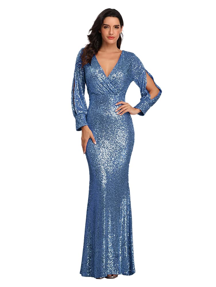 Women's Long-Sleeved V-Neck Sequined Mermaid Evening Dress Prom Gown