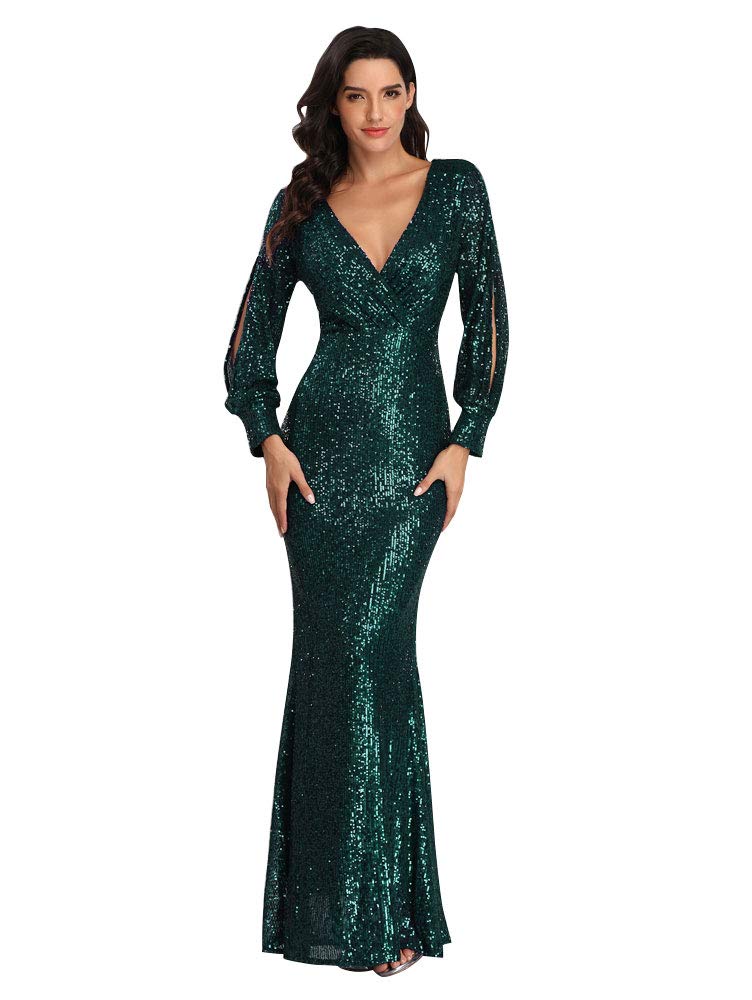 Women's Long-Sleeved V-Neck Sequined Mermaid Evening Dress Prom Gown