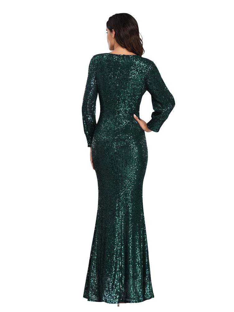 Women's Long-Sleeved V-Neck Sequined Mermaid Evening Dress Prom Gown