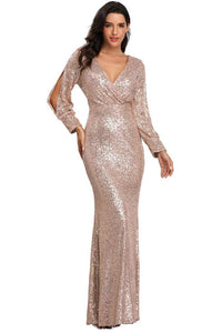 Women's Long-Sleeved V-Neck Sequined Mermaid Evening Dress Prom Gown