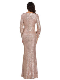 Women's Long-Sleeved V-Neck Sequined Mermaid Evening Dress Prom Gown