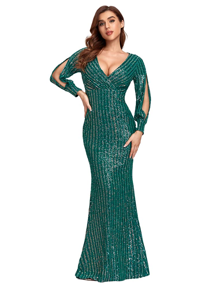 Women's Long-Sleeved V-Neck Sequined Mermaid Evening Dress Prom Gown