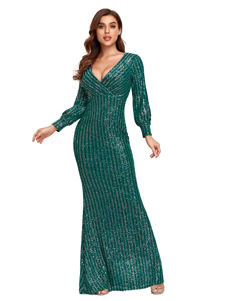 Women's Long-Sleeved V-Neck Sequined Mermaid Evening Dress Prom Gown