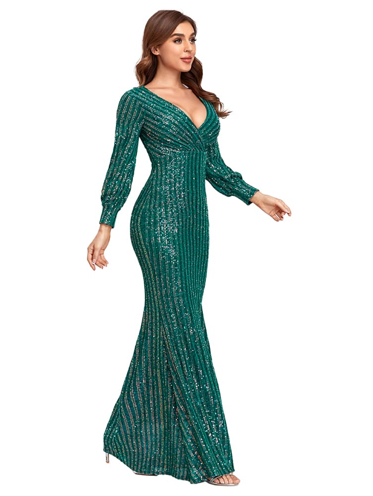 Women's Long-Sleeved V-Neck Sequined Mermaid Evening Dress Prom Gown