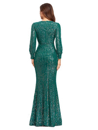 Women's Long-Sleeved V-Neck Sequined Mermaid Evening Dress Prom Gown