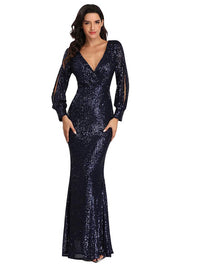 Women's Long-Sleeved V-Neck Sequined Mermaid Evening Dress Prom Gown