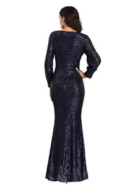 Women's Long-Sleeved V-Neck Sequined Mermaid Evening Dress Prom Gown