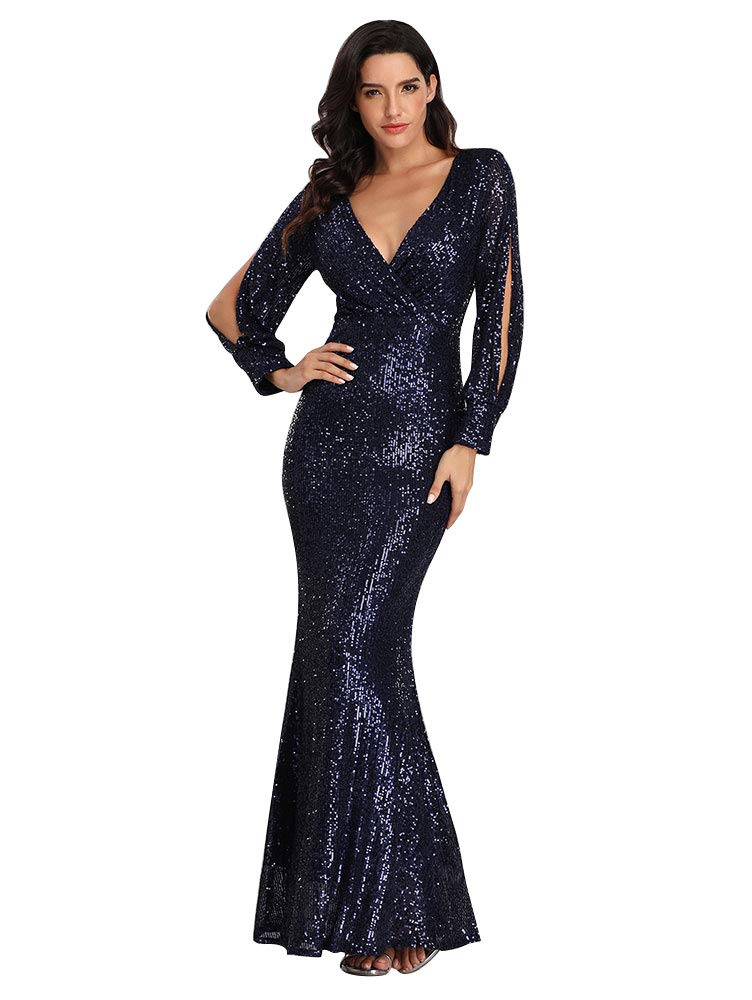 Women's Long-Sleeved V-Neck Sequined Mermaid Evening Dress Prom Gown