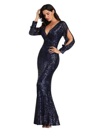 Women's Long-Sleeved V-Neck Sequined Mermaid Evening Dress Prom Gown