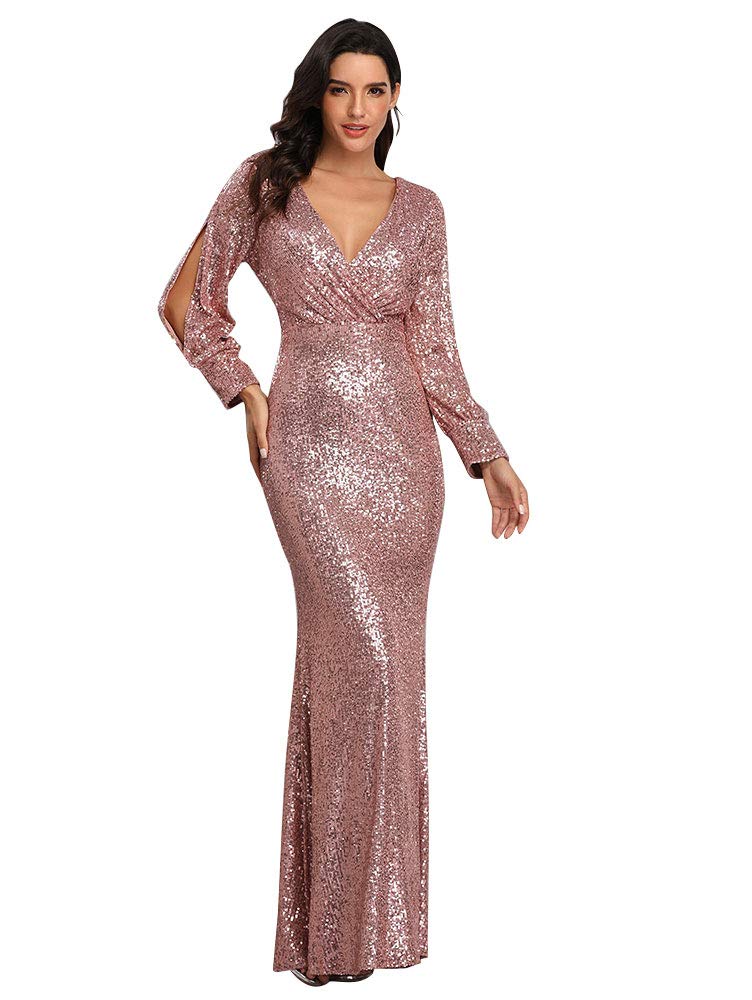 Women's Long-Sleeved V-Neck Sequined Mermaid Evening Dress Prom Gown