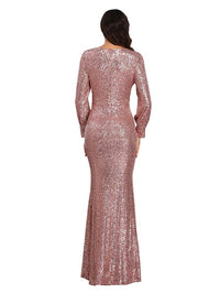 Women's Long-Sleeved V-Neck Sequined Mermaid Evening Dress Prom Gown