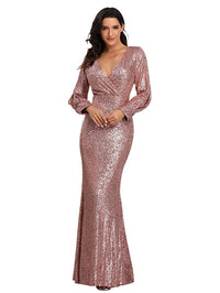 Women's Long-Sleeved V-Neck Sequined Mermaid Evening Dress Prom Gown