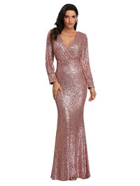 Women's Long-Sleeved V-Neck Sequined Mermaid Evening Dress Prom Gown