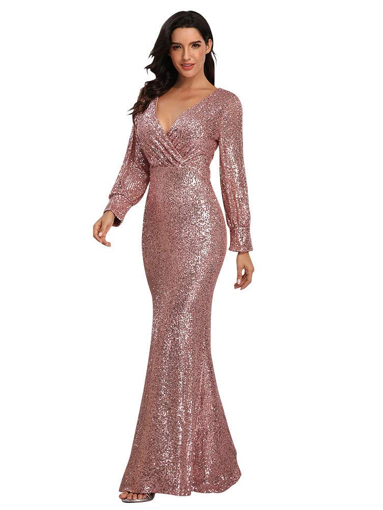 Women's Long-Sleeved V-Neck Sequined Mermaid Evening Dress Prom Gown