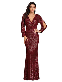 Women's Long-Sleeved V-Neck Sequined Mermaid Evening Dress Prom Gown