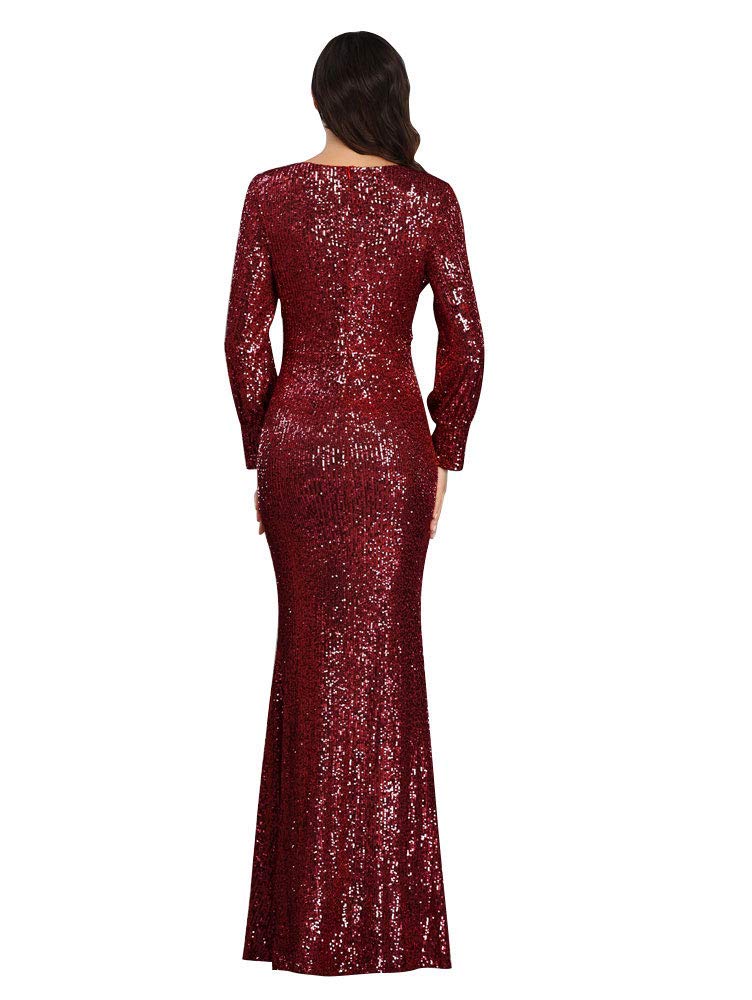 Women's Long-Sleeved V-Neck Sequined Mermaid Evening Dress Prom Gown