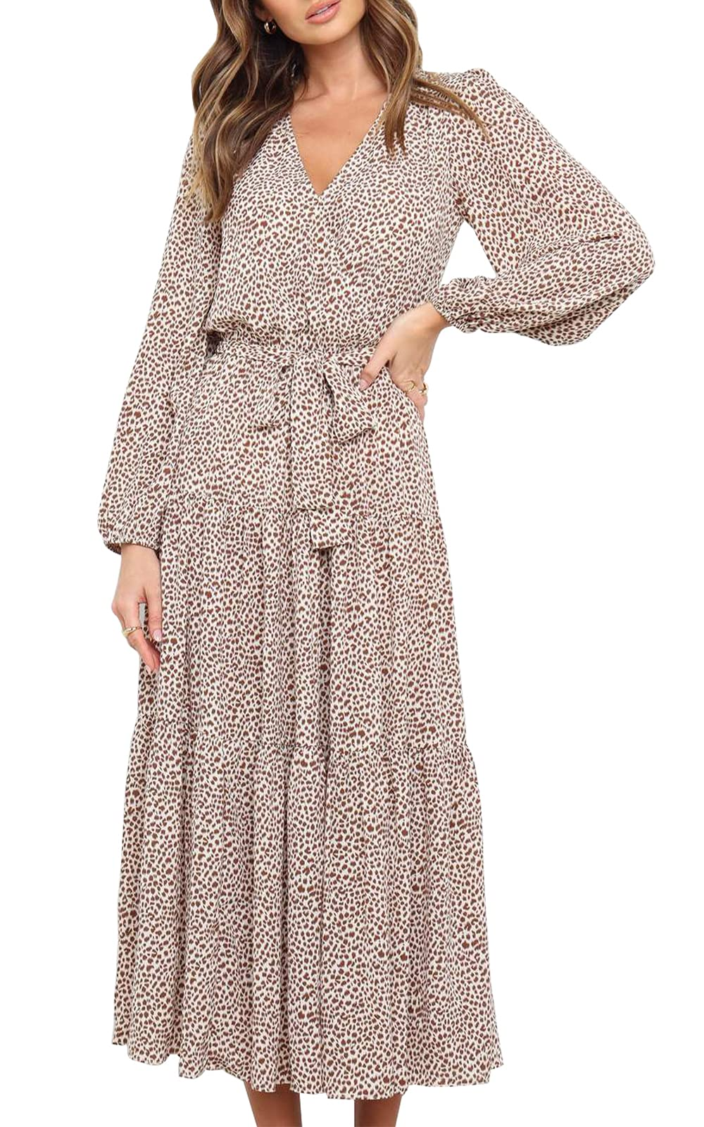 Women's Long Sleeve V Neck Leopard Pleated Layered Maxi Dress Waist Boho Chiffon Flowy