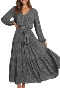 Women's Long Sleeve V Neck Leopard Pleated Layered Maxi Dress Waist Boho Chiffon Flowy