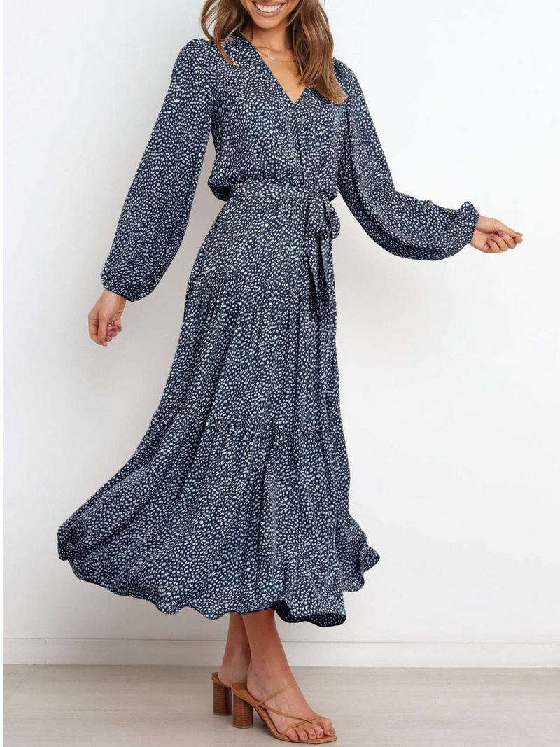 Women's Long Sleeve V Neck Leopard Pleated Layered Maxi Dress Waist Boho Chiffon Flowy