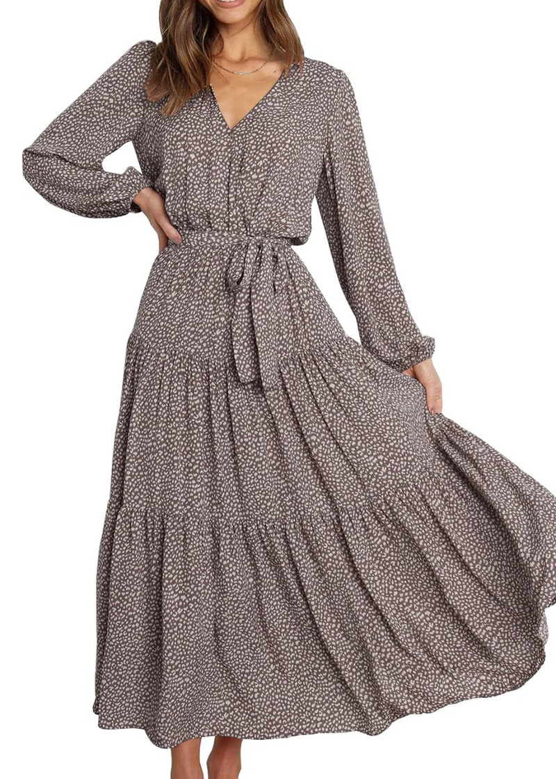 Women's Long Sleeve V Neck Leopard Pleated Layered Maxi Dress Waist Boho Chiffon Flowy