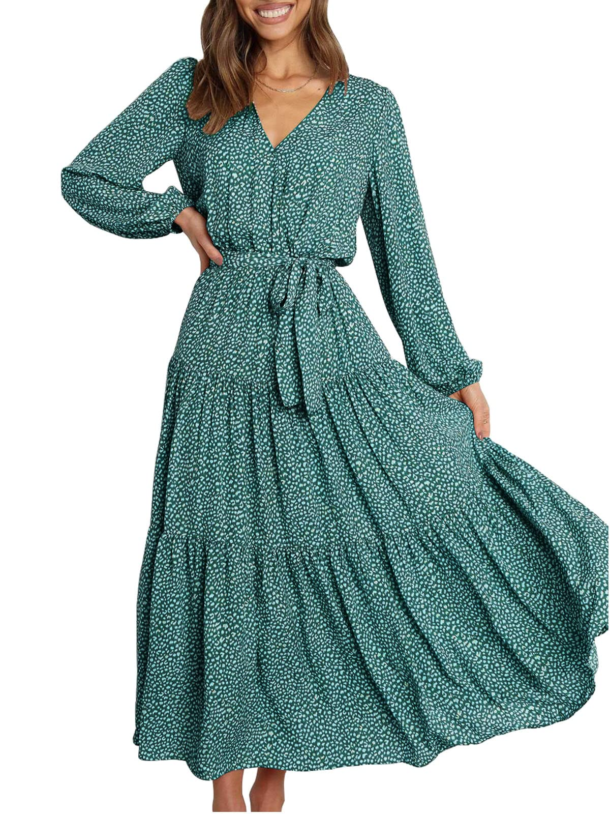 Women's Long Sleeve V Neck Leopard Pleated Layered Maxi Dress Waist Boho Chiffon Flowy