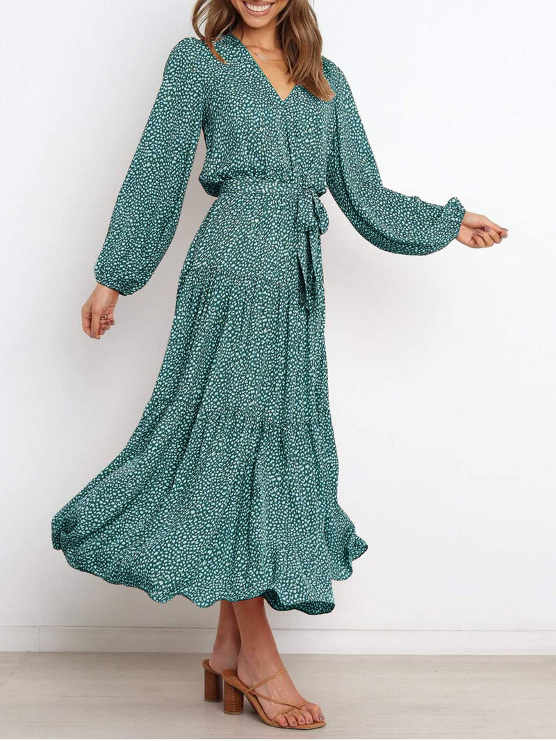 Women's Long Sleeve V Neck Leopard Pleated Layered Maxi Dress Waist Boho Chiffon Flowy