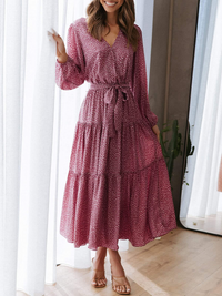 Women's Long Sleeve V Neck Leopard Pleated Layered Maxi Dress Waist Boho Chiffon Flowy