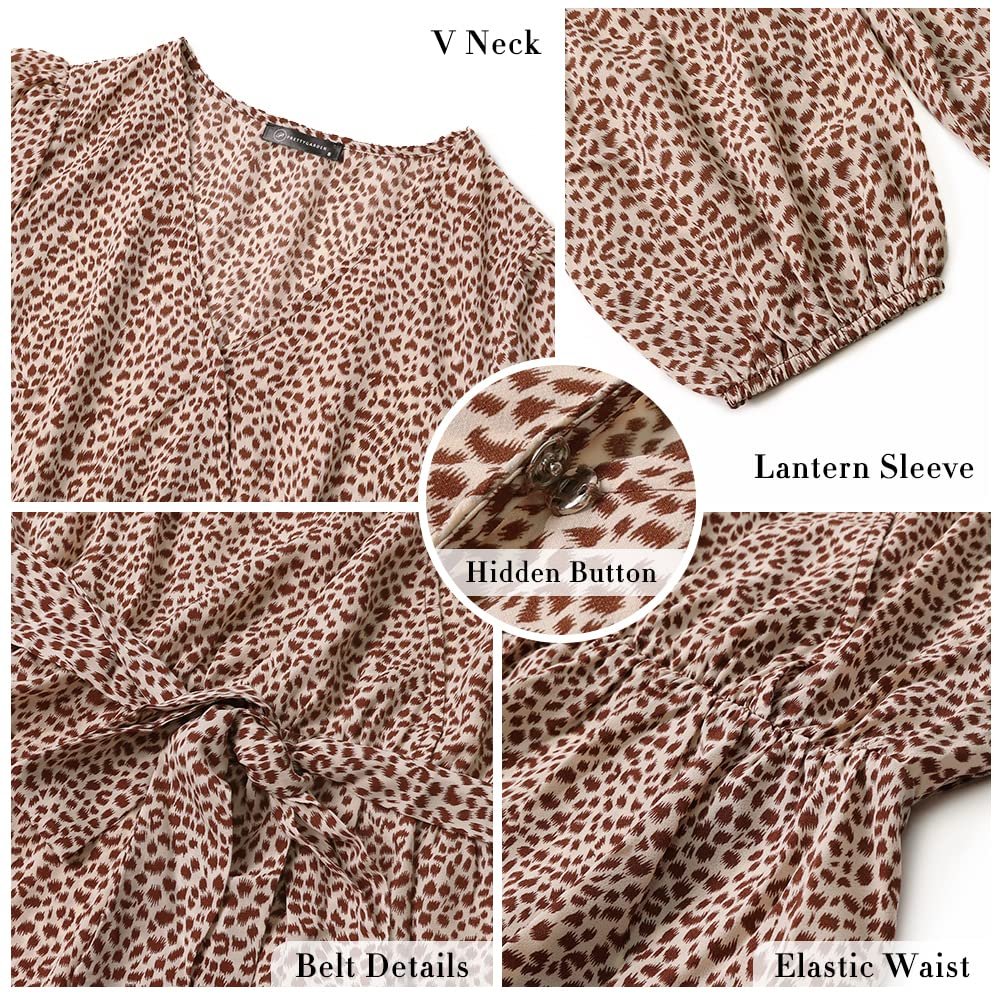 Women's Long Sleeve V Neck Leopard Pleated Layered Maxi Dress Waist Boho Chiffon Flowy